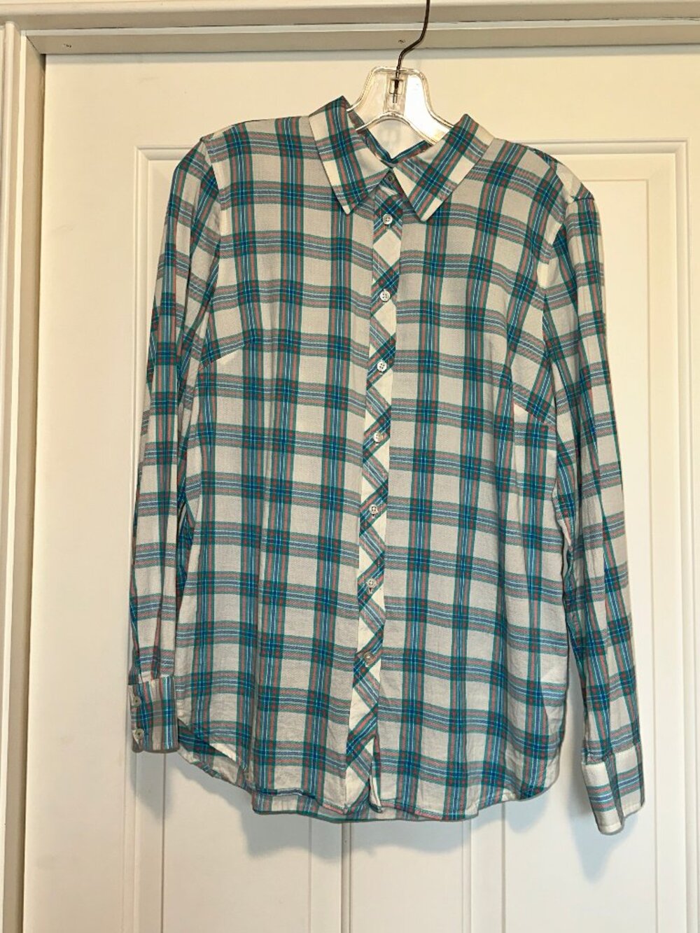 Talbots plaid longsleeve button down, turq, coral, dark green, white base, W Med - Picture 2 of 7